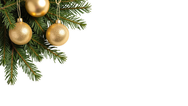 Golden ornaments hanging from evergreen branches create festive atmosphere, perfect for holiday celebrations and decorations