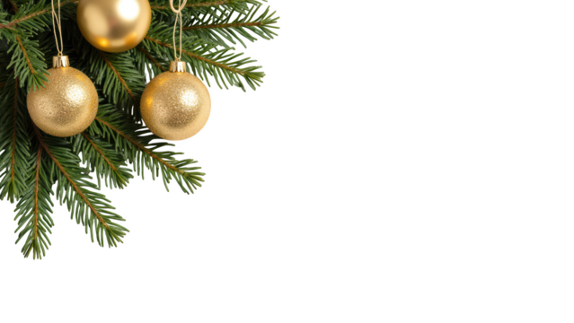 Golden ornaments hanging from evergreen branches create festive atmosphere, perfect for holiday celebrations and decorations
