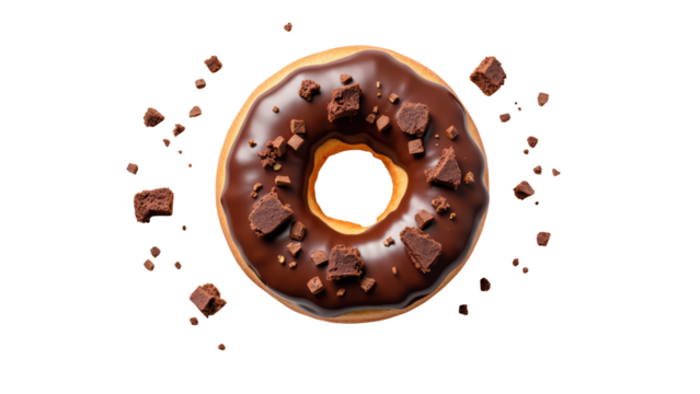 Delicious chocolate donut topped with chunks of chocolate, surrounded by crumbs, perfect for dessert lovers