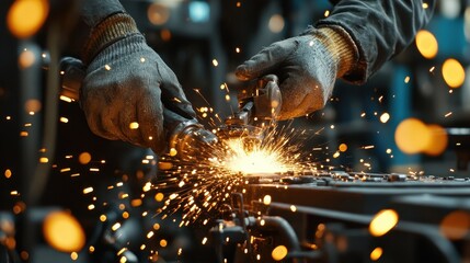 Close Up Of Hands In Gloves Welding Metal With Bright Sparks