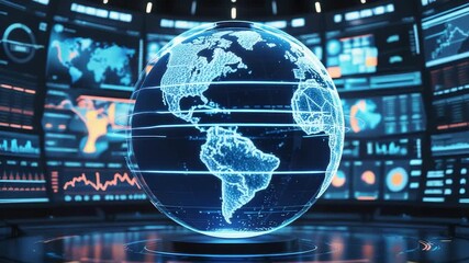 Globe Earth Hologram Screens Data Charts Technology Display Control Room Global - Powered by Adobe