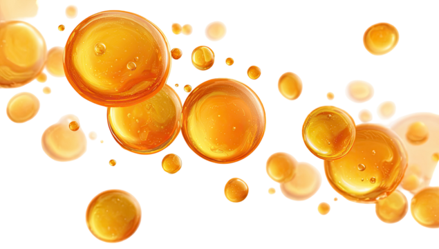Abstract display of many translucent, amber-colored spheres