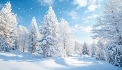 Scenic Winter Christmas Wonderland: Snow-Covered Forest With White Trees, Snowdrifts, And Snowfall Under Sunny Blue Sky Outdoors In Nature. Subtle Blue Tones Enhance The Beauty.