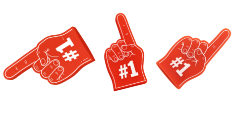 Three orange foam fingers with the number 1 printed on them symbolizing success, victory, and being the best, isolated on transparent cutout background, cut out, png