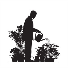 Silhouette of a Man Gardening and Watering Plants – Vector Illustration