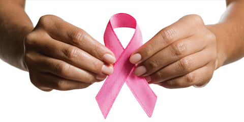 Woman hands holding pink ribbon over transparent white background, breast cancer awareness, cancer awareness day