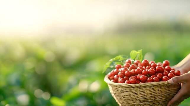Freshly picked cherry tomatoes in a woven basket at sunrise