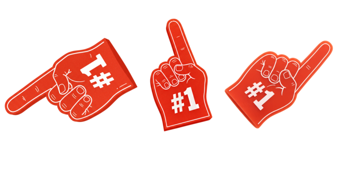 Three orange foam fingers with the number 1 printed on them symbolizing success, victory, and being the best, isolated on transparent cutout background, cut out, png - Powered by Adobe