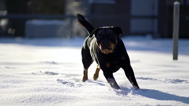 Black dog running on snowy road
