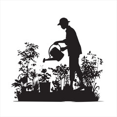 Black Silhouette of a Man Watering Plants in the Garden – Vector Illustration