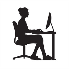 Silhouette of a Woman Working at a Desk with Computer – Vector Illustration