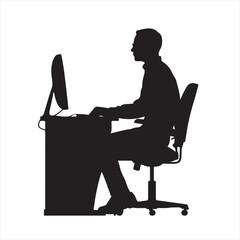 Silhouette of a Man Working at a Desk with Computer – Vector Illustration