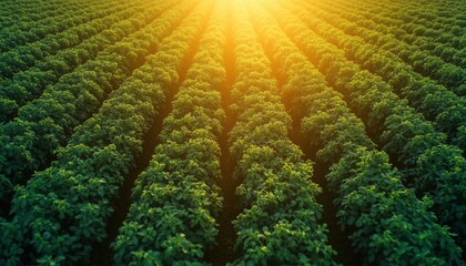 Aerial Drone View Of Sunrise Over Green Potato Fields: Nature'S Harvest In The Country Farm With Ripening Bushes.