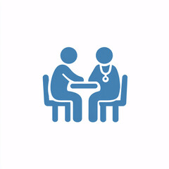A simple icon representing a doctor consulting with a patient, symbolizing the healthcare service and doctor-patient relationship.
