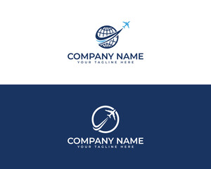 Modern global travel agency logo design with airplane and globe