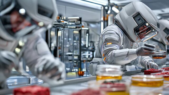 Astronaut scientists analyze meat samples in a high-tech space lab. Concepts of food biotechnology in space, sustainable protein solutions and extraterrestrial nutrition research.