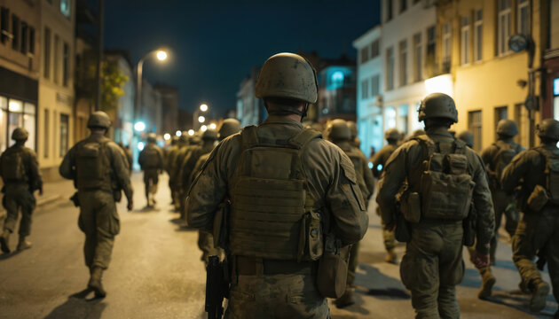 Soldiers march in formation down city street at night. Troops wear helmets, tactical gear, backs to camera, emphasizing anonymity, sense of mission. Urban environment with illuminated buildings