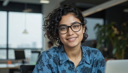 Portrait young Indian woman IT developer, engineer wearing glasses, smiling. Curly hair, blue shirt, office background. Successful female programmer at company, looking camera. Happy confident.