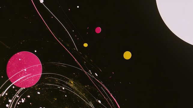 Vibrant abstract visualization featuring a beautiful arrangement of glowing pink and yellow circles drifting serenely across a deep and solid black backdrop creating a minimalist geometric pattern