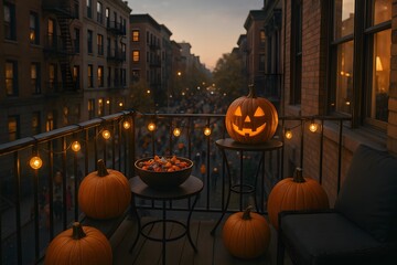 Fototapeta premium Spooky Halloween Night on Balcony with Pumpkins and City View