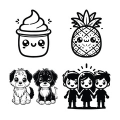 Vector art of collection of cute kawaii cartoon illustrations featuring a happy ice cream cone, a smiling pineapple, two adorable puppies, and a group of smiling children holding hands, perfect for pl