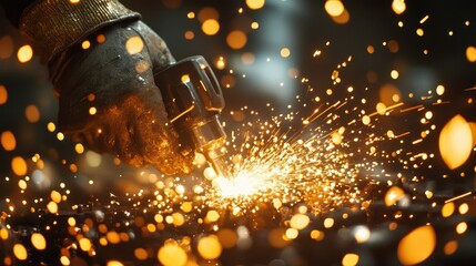 Closeup of a Gloved Hand Working with Sparks and Glowing Metal