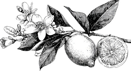 Elegant vintage lemon branch illustration with citrus fruit and flower