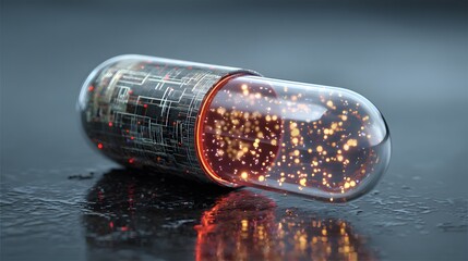 Futuristic capsule filled with glowing particles. Cutting-edge technology meets medicine in this advanced pharmaceutical concept design.