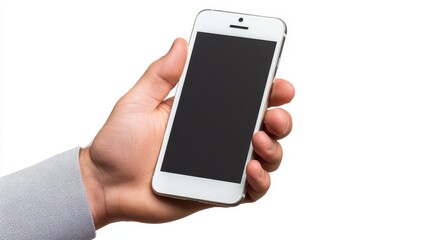 Closeup of a Hand Holding a White Smartphone with Blank Screen Against a White Background