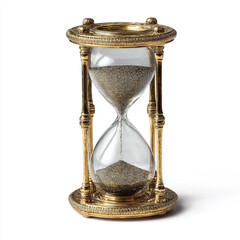 Antique ornate golden hourglass filled with sparkling sand isolated on white background