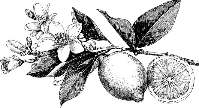 Elegant vintage lemon branch illustration with citrus fruit and flower - Powered by Adobe