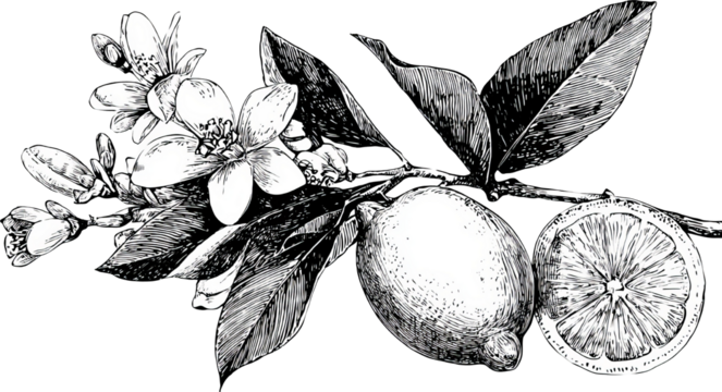 Elegant vintage lemon branch illustration with citrus fruit and flower - Powered by Adobe