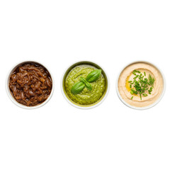 Three bowls of delicious dips and toppings