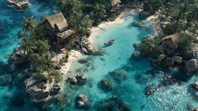 Aerial view of a secluded tropical island paradise with a turquoise lagoon, a small hut, palm trees, and a person in a canoe - Powered by Adobe