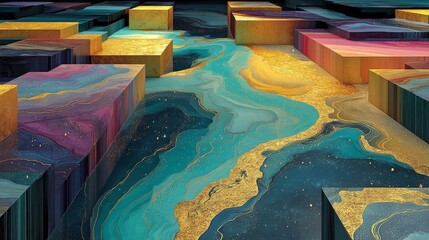 Abstract geometric pattern with flowing liquid, gold glitter, and vibrant colors like teal, purple, and yellow