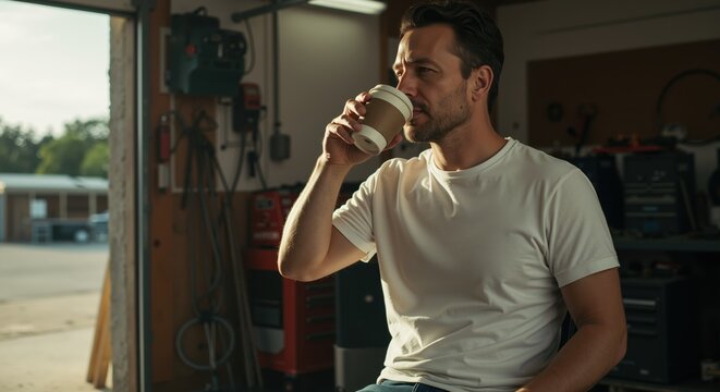 Man in white t-shirt drinking takeaway coffee in workshop, lifestyle style, concept of morning break and relaxation, use for casual work themes, horizontal - Powered by Adobe