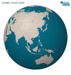 Vector Globe centered to Hong Kong. Teal Blue Pale Pink palette. World map with meridians, parallels, countries, rivers and lakes. Classic vector illustration.