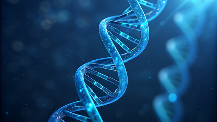 “Glowing DNA Double Helix Structure – Molecular Biology Concept with Blue Nucleotide Strands and Dark Background”