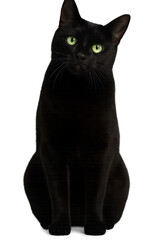 Elegant black cat with bright green eyes sitting against dark background, mysterious domestic feline portrait
