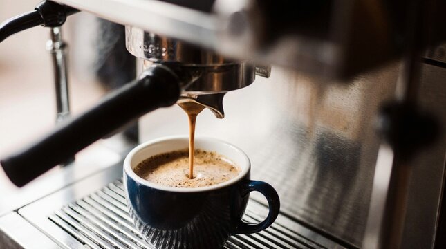 Photo of a modern espresso machine brewing coffee into a ceramic cup. Rich crema forms as coffee pours. Perfect for cafe branding, packaging, and product design.