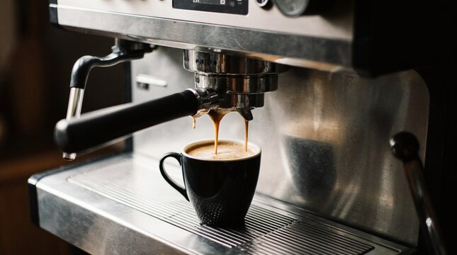Photo of a modern espresso machine brewing coffee into a ceramic cup. Rich crema forms as coffee pours. Perfect for cafe branding, packaging, and product design. - Powered by Adobe