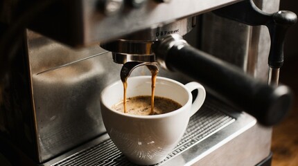 Photo of a modern espresso machine brewing coffee into a ceramic cup. Rich crema forms as coffee pours. Perfect for cafe branding, packaging, and product design.
