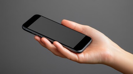 Hand Holding Black Smartphone Against Grey Background