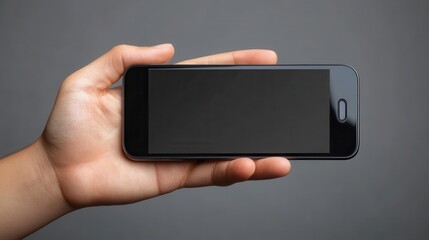 Hand Holding Black Smartphone with Blank Screen Against Grey Background