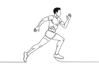 Continuous line drawing of a male athlete running with speed and determination
