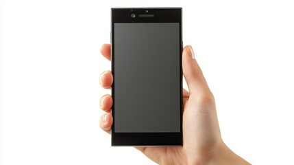 Hand Holding Black Smartphone with Blank Screen Against White Background