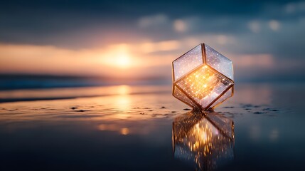 A luminous, geometric cube rests on the water's edge, reflecting the golden sunset glow.