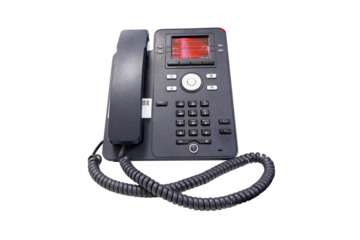 Black Office Phone isolated on cut out PNG or transparent background. Close up focus on telephone devices at operation room for customer service support. Business Communications technology Equipment.
