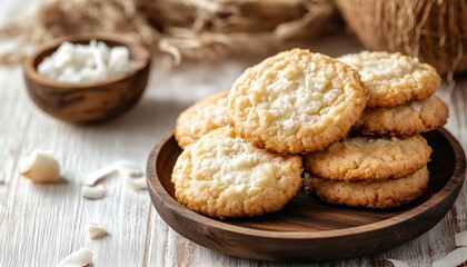 Freshly Baked Homemade Coconut Cookies On A White Wooden Table. Rustic Setting With Cookies In Focus. Delicious Treats On Display.