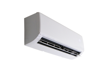 Modern Air conditioner in bedroom or living room of house, condo or office. Comfort temperature in room. Electrical cooling equipment technology. Isolated on cut out PNG or transparent background.